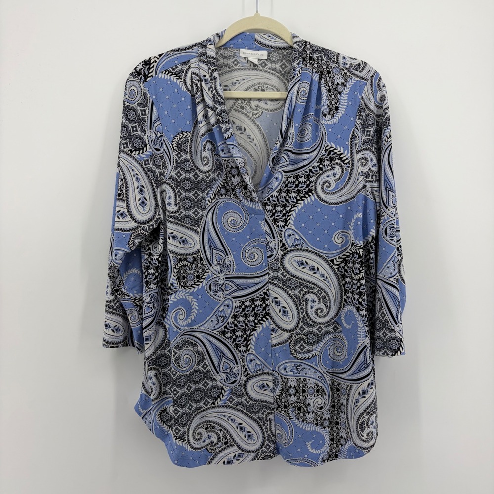 Charter Club Womens Large Blue Paisley V-Neck 3/4 Sleeve Stretch Knit Top
